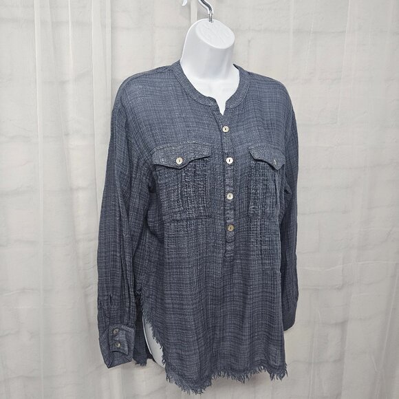 Free People Blue Plaid Blouse Peasant Boho Fringe Festival Grunge Hippie S - Picture 5 of 12